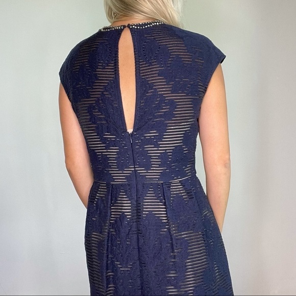 Lela Rose Navy Blue Jeweled Neck Full Skirt Dress - Picture 8 of 16